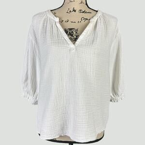 J by Joie Top women Sze Large White Gauzy Cotton Coastal Boho 3/4 Sleeves Blouse
